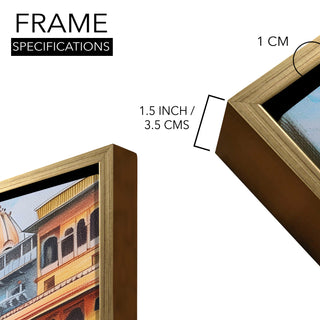 Banaras Ghats Painting Wall Art – Varanasi Riverfront with Golden Floater Frame – HD Print Large Canvas, Ready to Hang, Size: 3X4FT, (BAWA31).