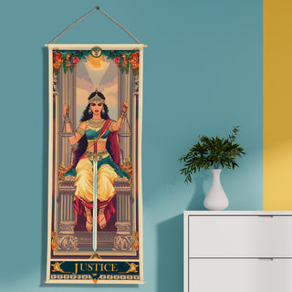 Justice Tarot Tapestry | Goddess of Balance Wall Hanging, Thick fabric, HD Print, Ready to Hang Wall Décor. Size 24 In x 60 In. (TAROTTPS09)
