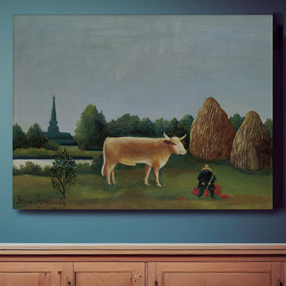 Landscape with Cow and Haystacks – Henri Rousseau Painting | HD Canvas Print | Ready to Hang | Wall Art for Bedroom, living room, Hallway (HRWA09)