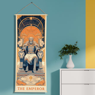The Emperor Tarot Tapestry | Majestic King on Throne Wall Hanging, Thick fabric, HD Print, Ready to Hang Wall Décor. Size 24 In x 60 In. (TAROTTPS04)