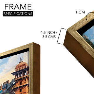 Banaras Ghats Painting Wall Art – Varanasi Riverfront with Golden Floater Frame – HD Print Large Canvas, Ready to Hang, Size: 3X4FT, (BAWA27).
