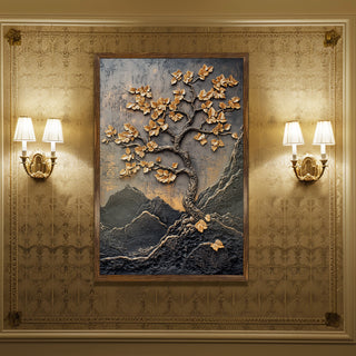 Abstract Golden Lucky Wish tree, HD Canvas Print, Framed, Ready to Hang.(20In x 30In) (VAWA007)