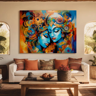 Lord Radha Krishna Divine Large Wall Art - Devotional Artwork Unique Religious Canvas Framed Paintings Modern Art For Living Room Bedroom Office Decor. (RKWA01)