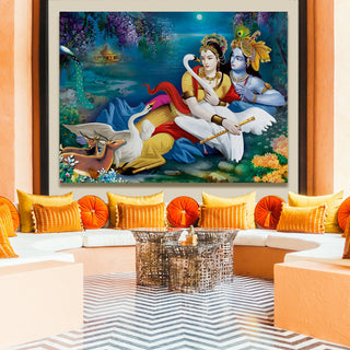 Lord Radha Krishna Divine Large Wall Art - Devotional Artwork Unique Religious Canvas Framed Paintings Modern Art For Living Room Bedroom Office Decor. (RKWA02)
