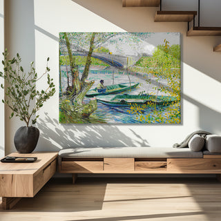 Fishing Boat & Bridge Wall Art by Vincent Van Gogh, HD Canvas Print, Framed, Ready to Hang. (VAWA08).