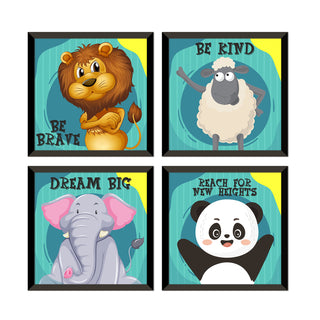 Kids Wall Art Set of 4 | HD Canvas Print | Ready to Hang | Black Framed Kids Room & Nursery Room Decor | Each Frame Size: 10X10 INCH (KIDSET01)