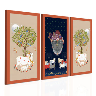 Traditional Pichwai Shreenath Ji Wall Art Set of 3 | HD Print Wrapped Canvas | Perfect for Pooja Room & Office Decor Panels |12×24 Inch  (PWA30)