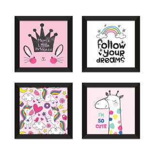 Kids Wall Art Set of 4 | HD Canvas Print | Ready to Hang | Black Framed Kids Room & Nursery Room Decor | Each Frame Size: 10X10 INCH (KIDSET09)