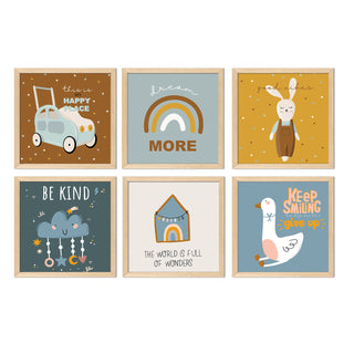 Kids Wall Art Set of 6 | HD Canvas Print | Ready to Hang | Natural Wood Panels for Nursery & Kids Room Decor | Each Frame Size: 10X10 INCH (KIDSET04)
