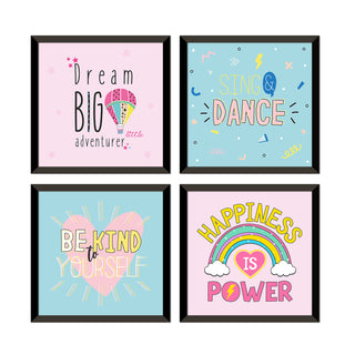 Kids Wall Art Set of 4 | HD Canvas Print | Ready to Hang | Black Framed Kids Room & Nursery Room Decor | Each Frame Size: 10X10 INCH (KIDSET04)