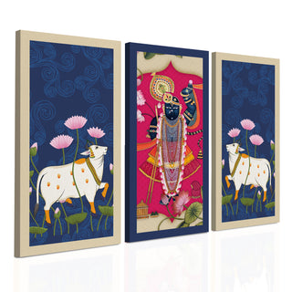 Traditional Pichwai Shreenath Ji Wall Art Set of 3 | HD Print Wrapped Canvas | Perfect for Pooja Room & Office Decor Panels |12×24 Inch  (PWA29)