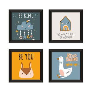 Kids Wall Art Set of 4 | HD Canvas Print | Ready to Hang | Black Framed Kids Room & Nursery Room Decor | Each Frame Size: 10X10 INCH (KIDSET06)