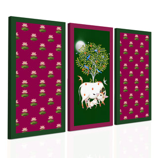 Traditional Pichwai Shreenath Ji Wall Art Set of 3 | HD Print Wrapped Canvas | Perfect for Pooja Room & Office Decor Panels |12×24 Inch (PWA31)