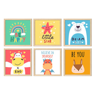 Kids Wall Art Set of 6 | HD Canvas Print | Ready to Hang | Natural Wood Panels for Nursery & Kids Room Decor | Each Frame Size: 10X10 INCH (KIDSET02)