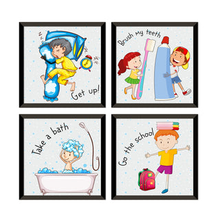 Kids Wall Art Set of 4 | HD Canvas Print | Ready to Hang | Black Framed Kids Room & Nursery Room Decor | Each Frame Size: 10X10 INCH (KIDSET05)