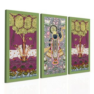 Traditional Pichwai Shreenath Ji Wall Art Set of 3 | HD Print Wrapped Canvas | Perfect for Pooja Room & Office Decor Panels |12×24 Inch (PWA33)