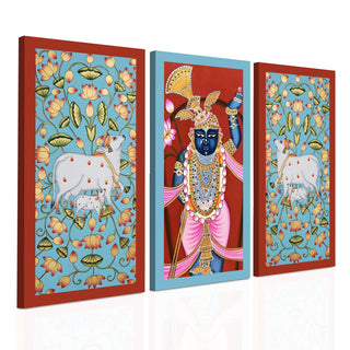 Traditional Pichwai Shreenath Ji Wall Art Set of 3 | HD Print Wrapped Canvas | Perfect for Pooja Room & Office Decor Panels |12×24 Inch (PWA34)