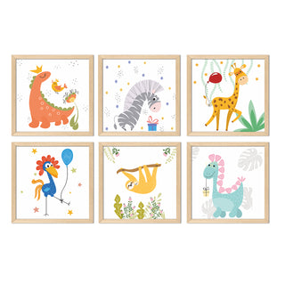 Kids Wall Art Set of 6 | HD Canvas Print | Ready to Hang | Natural Wood Panels for Nursery & Kids Room Decor | Each Frame Size: 10X10 INCH (KIDSET03)