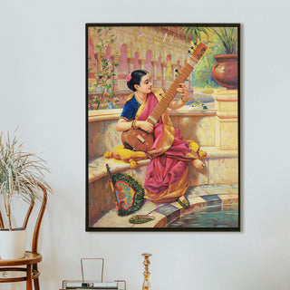 Lady Playing the Sitar – Raja Ravi Varma Painting | HD Canvas Print | Ready to Hang | Wall Art for Bedroom, living room, Hallway (RRVWA15)