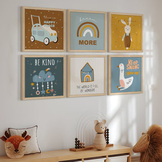Kids Wall Art Set of 6 | HD Canvas Print | Ready to Hang | Natural Wood Panels for Nursery & Kids Room Decor | Each Frame Size: 10X10 INCH (KIDSET04)