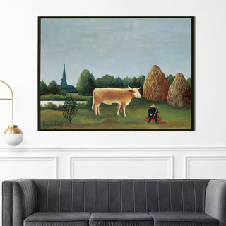 Landscape with Cow and Haystacks – Henri Rousseau Painting | HD Canvas Print | Ready to Hang | Wall Art for Bedroom, living room, Hallway (HRWA09)