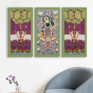 Traditional Pichwai Shreenath Ji Wall Art Set of 3 | HD Print Wrapped Canvas | Perfect for Pooja Room & Office Decor Panels |12×24 Inch (PWA33)