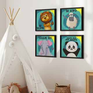 Kids Wall Art Set of 4 | HD Canvas Print | Ready to Hang | Black Framed Kids Room & Nursery Room Decor | Each Frame Size: 10X10 INCH (KIDSET01)