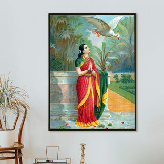 Lady in Prayer with Divine Swan – Raja Ravi Varma Painting | HD Canvas Print | Ready to Hang | Wall Art for Bedroom, living room, Hallway (RRVWA04)