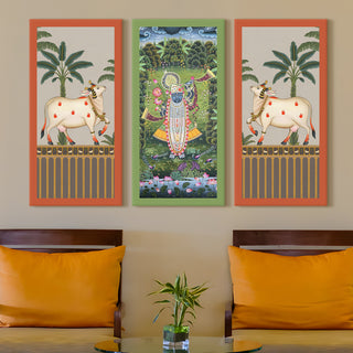 Traditional Pichwai Shreenath Ji Wall Art Set of 3 | HD Print Wrapped Canvas | Perfect for Pooja Room & Office Decor Panels |12×24 Inch (PWA32)