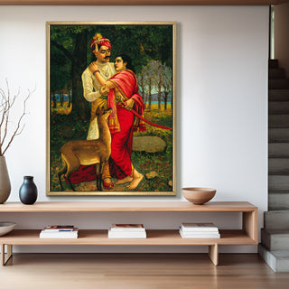 Royal Couple with Deer – Raja Ravi Varma Masterpiece | HD Canvas Print | Ready to Hang | Wall Art for Bedroom, living room, Hallway (RRVWA03)