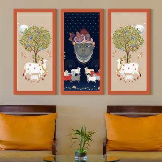 Traditional Pichwai Shreenath Ji Wall Art Set of 3 | HD Print Wrapped Canvas | Perfect for Pooja Room & Office Decor Panels |12×24 Inch  (PWA30)