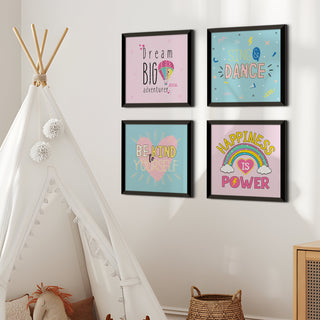 Kids Wall Art Set of 4 | HD Canvas Print | Ready to Hang | Black Framed Kids Room & Nursery Room Decor | Each Frame Size: 10X10 INCH (KIDSET04)