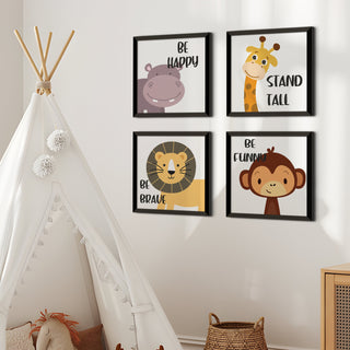 Kids Wall Art Set of 4 | HD Canvas Print | Ready to Hang | Black Framed Kids Room & Nursery Room Decor | Each Frame Size: 10X10 INCH (KIDSET02)