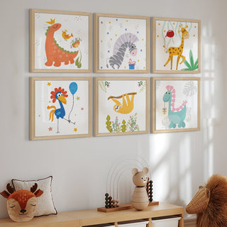 Kids Wall Art Set of 6 | HD Canvas Print | Ready to Hang | Natural Wood Panels for Nursery & Kids Room Decor | Each Frame Size: 10X10 INCH (KIDSET03)