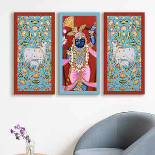 Traditional Pichwai Shreenath Ji Wall Art Set of 3 | HD Print Wrapped Canvas | Perfect for Pooja Room & Office Decor Panels |12×24 Inch (PWA34)