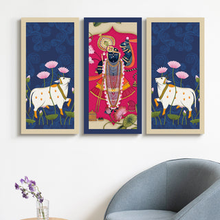 Traditional Pichwai Shreenath Ji Wall Art Set of 3 | HD Print Wrapped Canvas | Perfect for Pooja Room & Office Decor Panels |12×24 Inch  (PWA29)