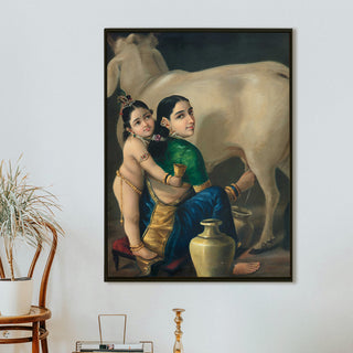 Yashoda Milking Cow with Child Krishna – Raja Ravi Varma Painting | HD Canvas Print | Ready to Hang | Wall Art for Bedroom, living room, Hallway (RRVWA16)