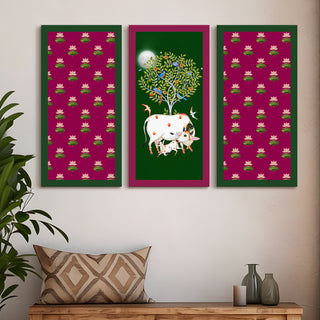 Traditional Pichwai Shreenath Ji Wall Art Set of 3 | HD Print Wrapped Canvas | Perfect for Pooja Room & Office Decor Panels |12×24 Inch (PWA31)