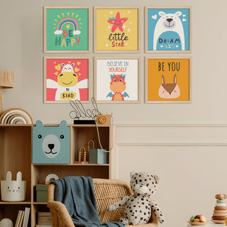 Kids Wall Art Set of 6 | HD Canvas Print | Ready to Hang | Natural Wood Panels for Nursery & Kids Room Decor | Each Frame Size: 10X10 INCH (KIDSET02)