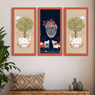 Traditional Pichwai Shreenath Ji Wall Art Set of 3 | HD Print Wrapped Canvas | Perfect for Pooja Room & Office Decor Panels |12×24 Inch  (PWA30)