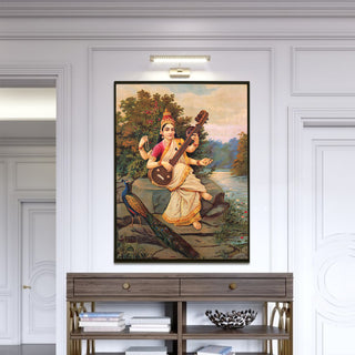 Goddess Saraswati with Veena and Peacock – Raja Ravi Varma Painting | HD Canvas Print | Ready to Hang | Wall Art for Bedroom, living room, Hallway (RRVWA11)