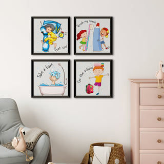 Kids Wall Art Set of 4 | HD Canvas Print | Ready to Hang | Black Framed Kids Room & Nursery Room Decor | Each Frame Size: 10X10 INCH (KIDSET05)
