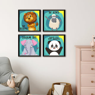 Kids Wall Art Set of 4 | HD Canvas Print | Ready to Hang | Black Framed Kids Room & Nursery Room Decor | Each Frame Size: 10X10 INCH (KIDSET01)