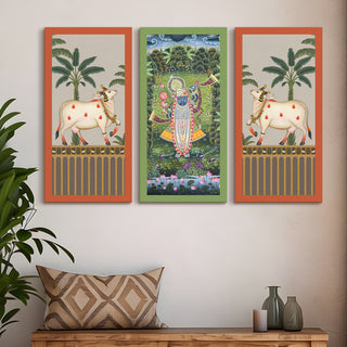 Traditional Pichwai Shreenath Ji Wall Art Set of 3 | HD Print Wrapped Canvas | Perfect for Pooja Room & Office Decor Panels |12×24 Inch (PWA32)