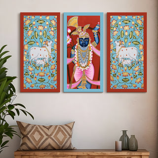 Traditional Pichwai Shreenath Ji Wall Art Set of 3 | HD Print Wrapped Canvas | Perfect for Pooja Room & Office Decor Panels |12×24 Inch (PWA34)