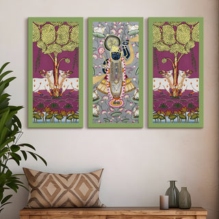 Traditional Pichwai Shreenath Ji Wall Art Set of 3 | HD Print Wrapped Canvas | Perfect for Pooja Room & Office Decor Panels |12×24 Inch (PWA33)