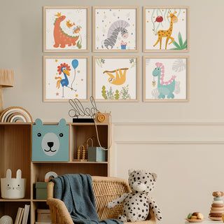 Kids Wall Art Set of 6 | HD Canvas Print | Ready to Hang | Natural Wood Panels for Nursery & Kids Room Decor | Each Frame Size: 10X10 INCH (KIDSET03)