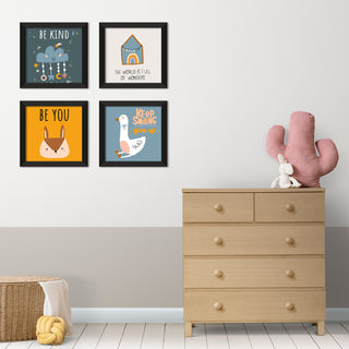 Kids Wall Art Set of 4 | HD Canvas Print | Ready to Hang | Black Framed Kids Room & Nursery Room Decor | Each Frame Size: 10X10 INCH (KIDSET06)