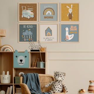 Kids Wall Art Set of 6 | HD Canvas Print | Ready to Hang | Natural Wood Panels for Nursery & Kids Room Decor | Each Frame Size: 10X10 INCH (KIDSET04)