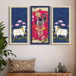 Traditional Pichwai Shreenath Ji Wall Art Set of 3 | HD Print Wrapped Canvas | Perfect for Pooja Room & Office Decor Panels |12×24 Inch  (PWA29)